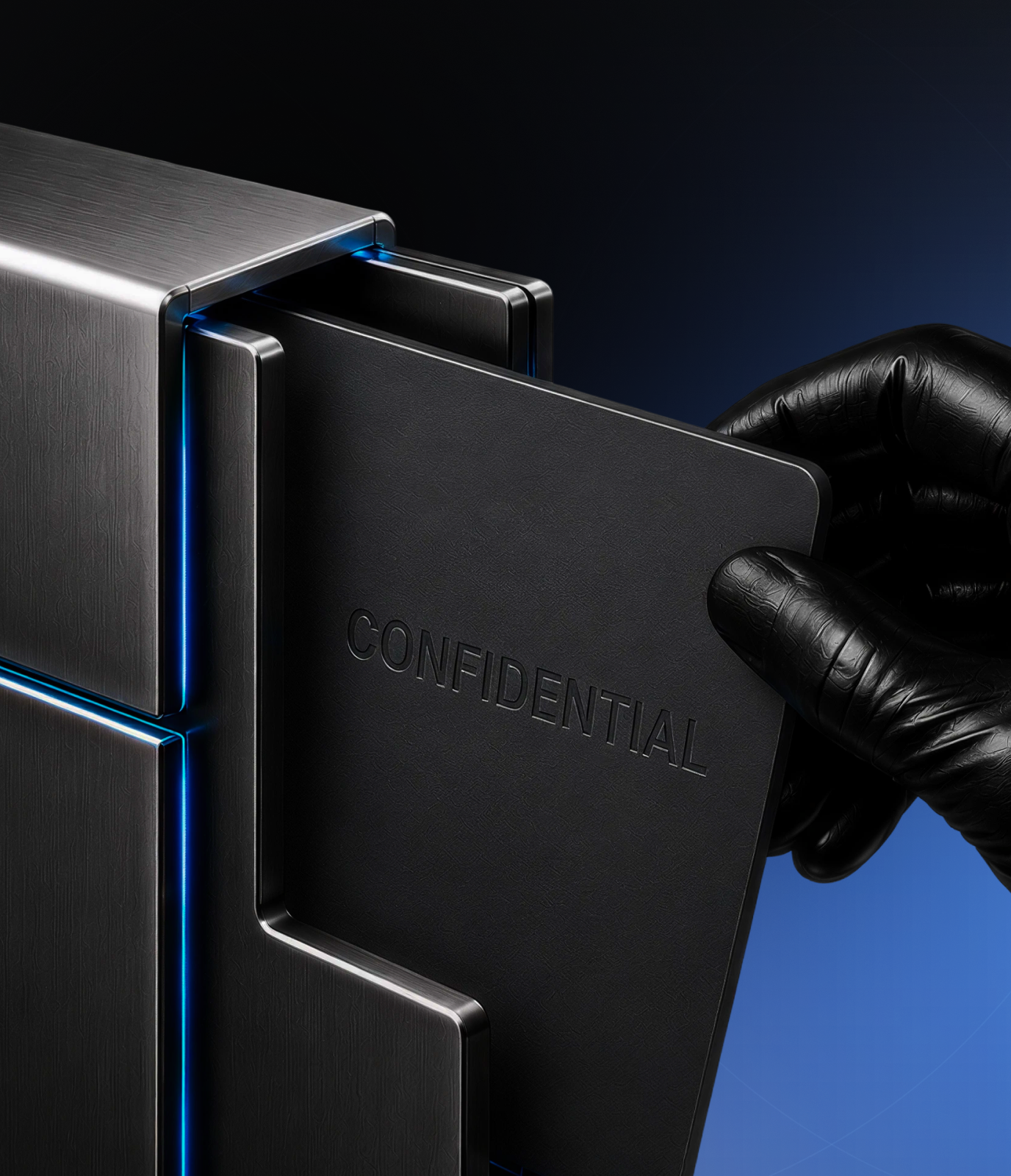 Gloved hand pulling a confidential folder from a steel case