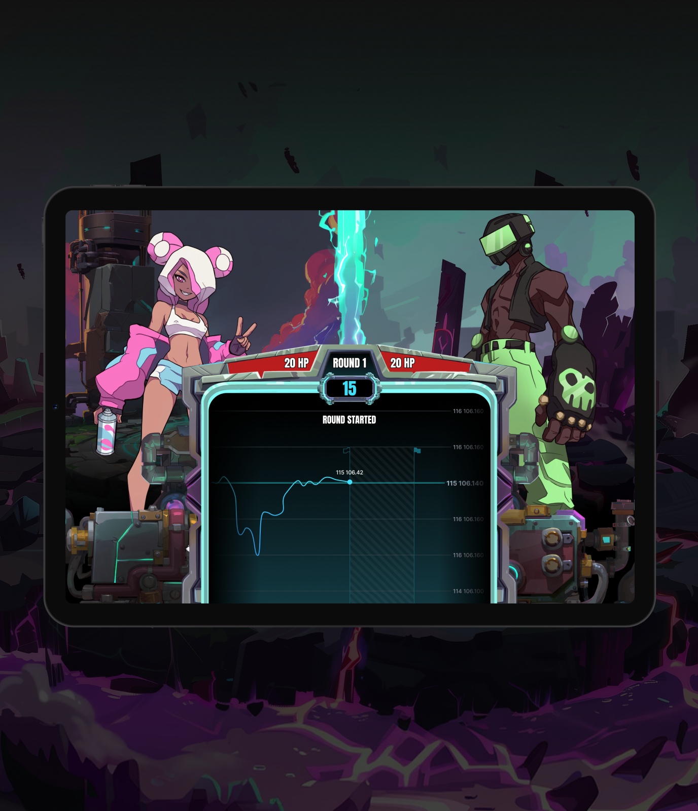 Predictrum PvP duel screen on a tablet