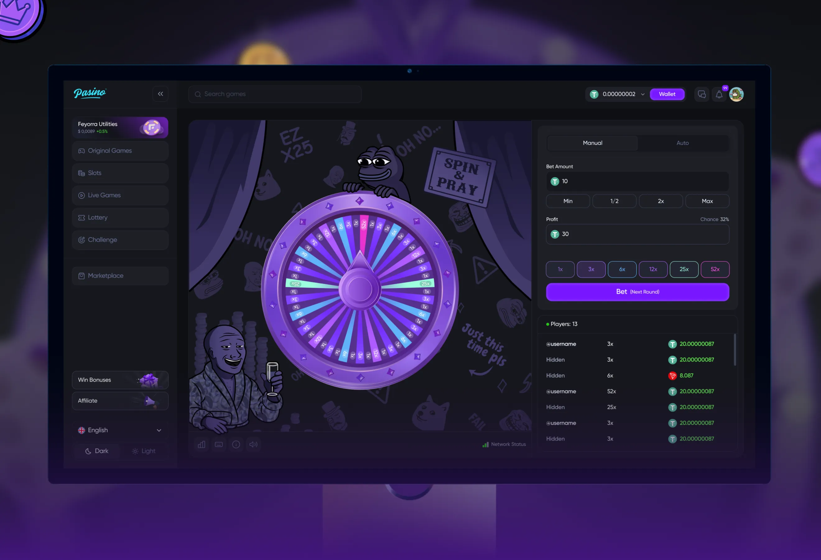 Pasino wheel game with betting panel and live bets table