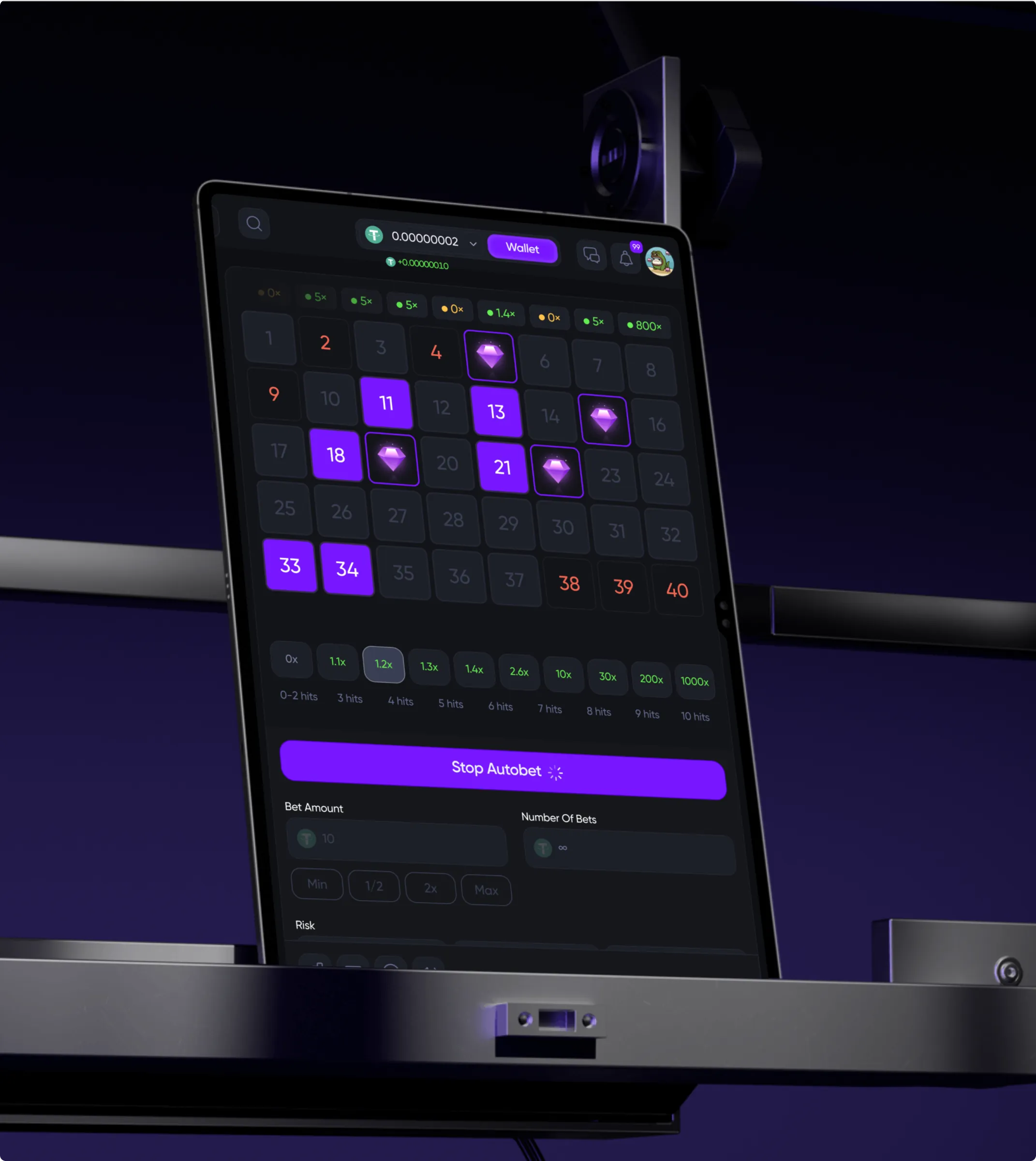 Pasino game grid on a tablet mounted on a stand