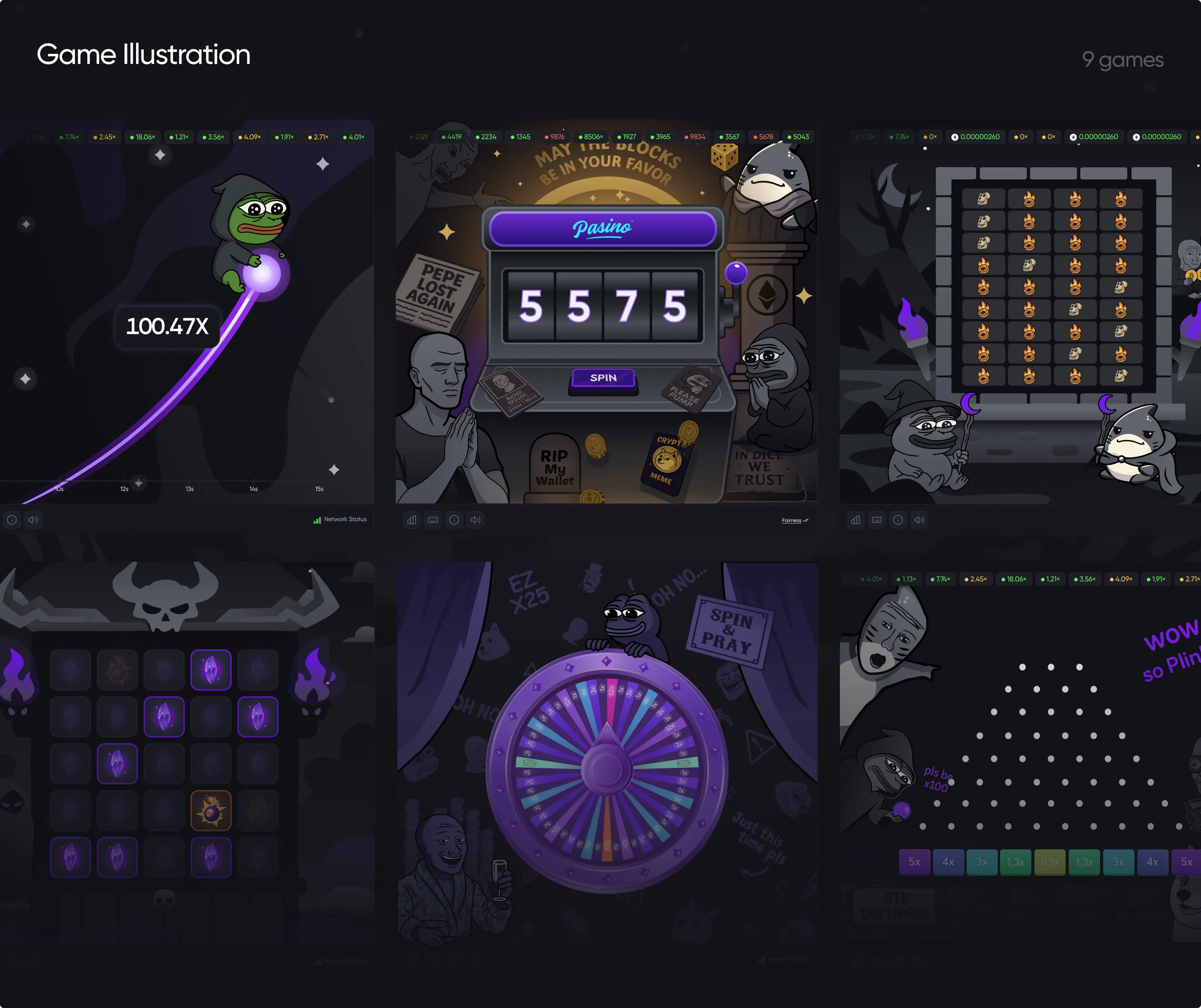 Game illustrations for nine Pasino games