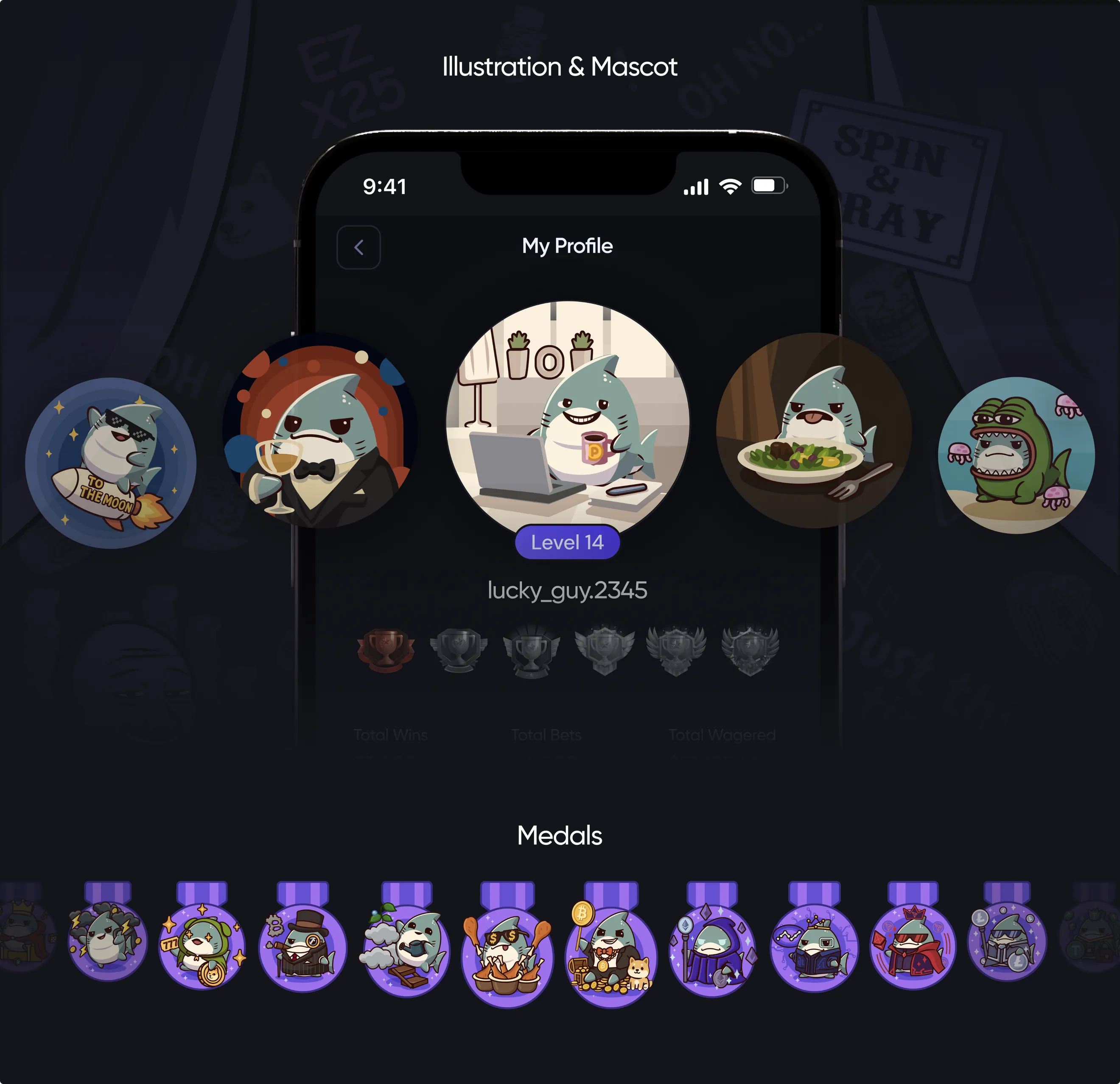 Mascot avatars on a profile screen and a row of medals