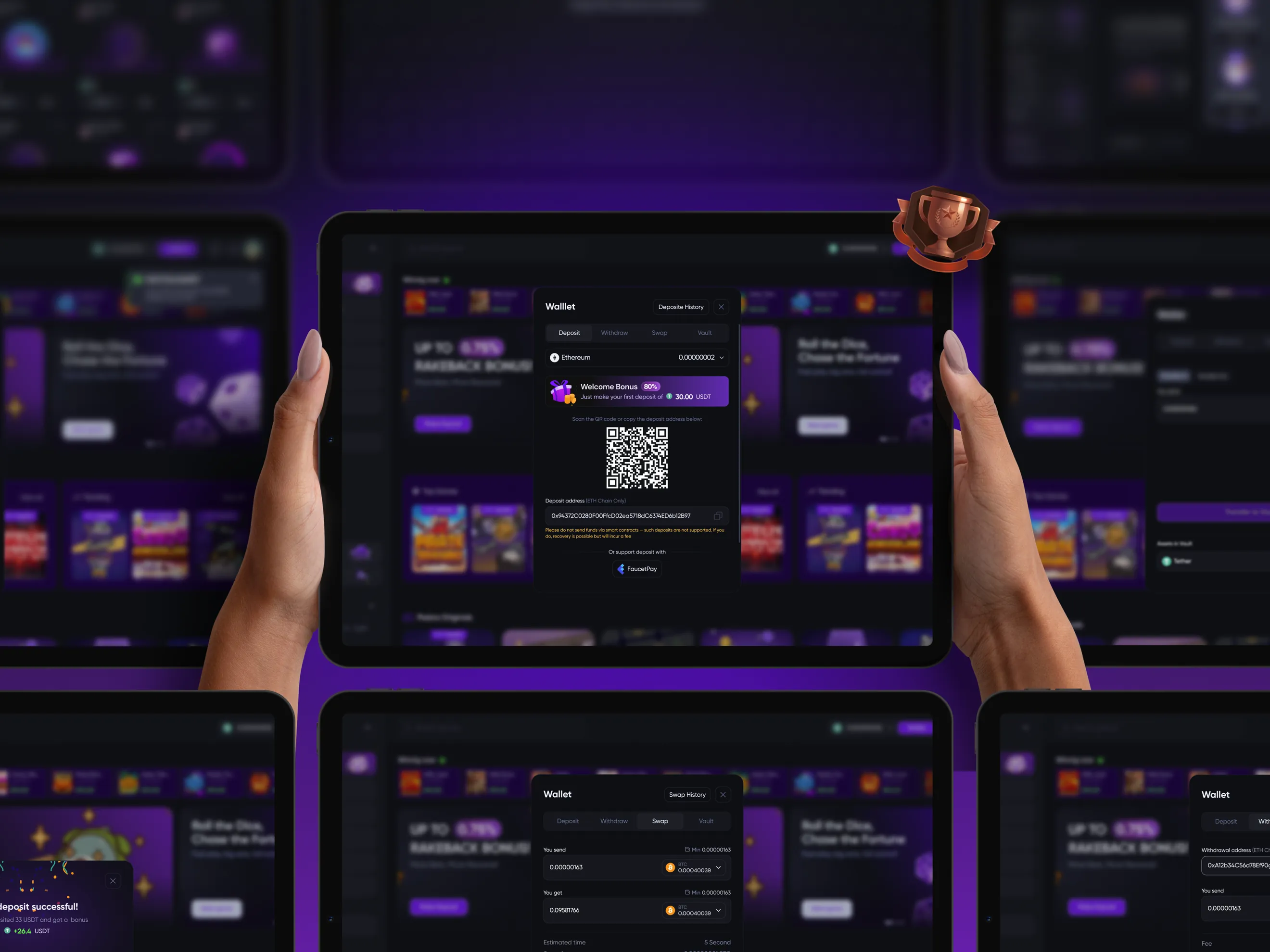 Pasino wallet with deposit QR code on a tablet held in two hands, surrounded by wallet screens