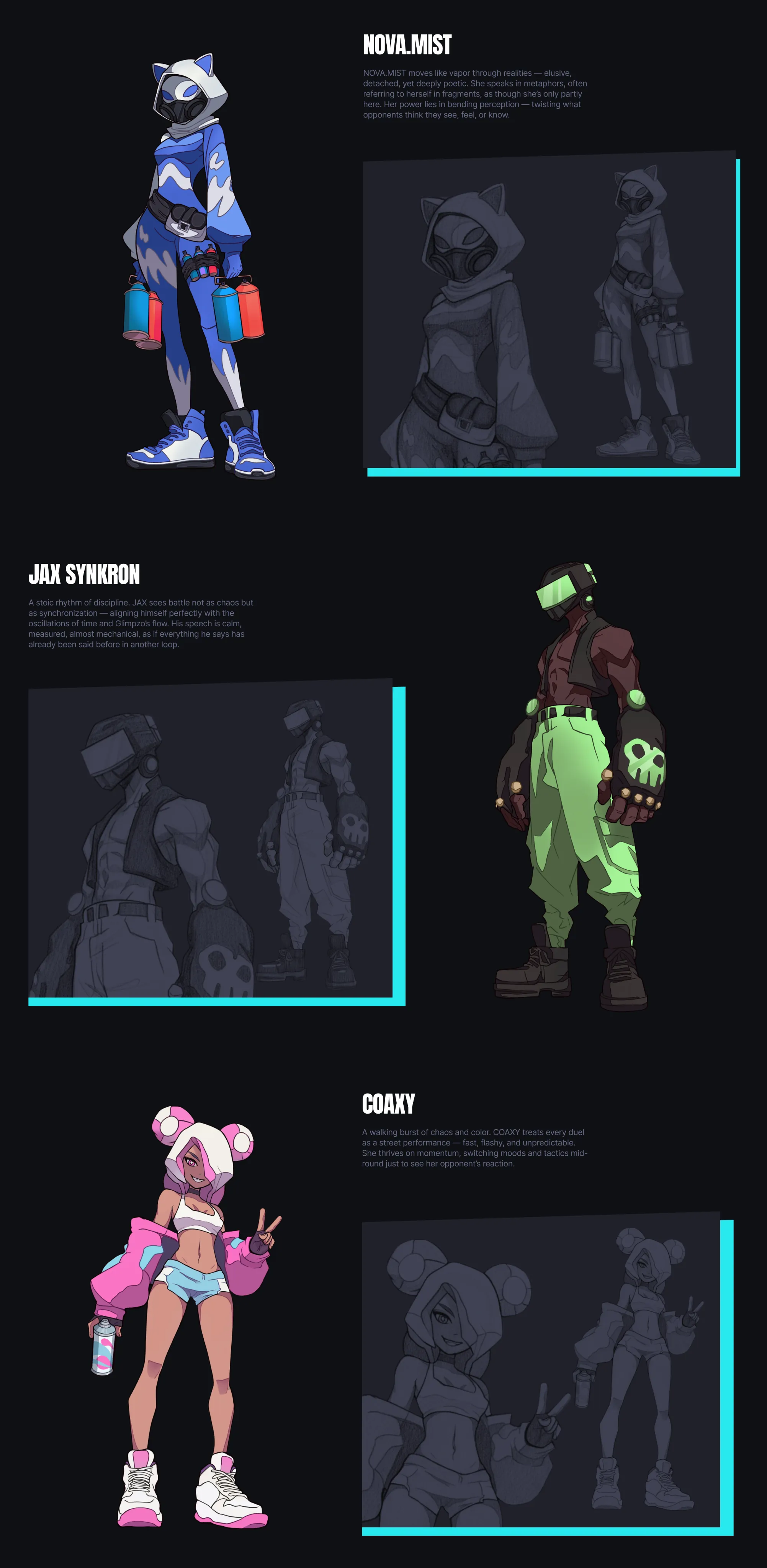 Three Predictrum characters, Nova.Mist, Jax Synkron and Coaxy, with sketches