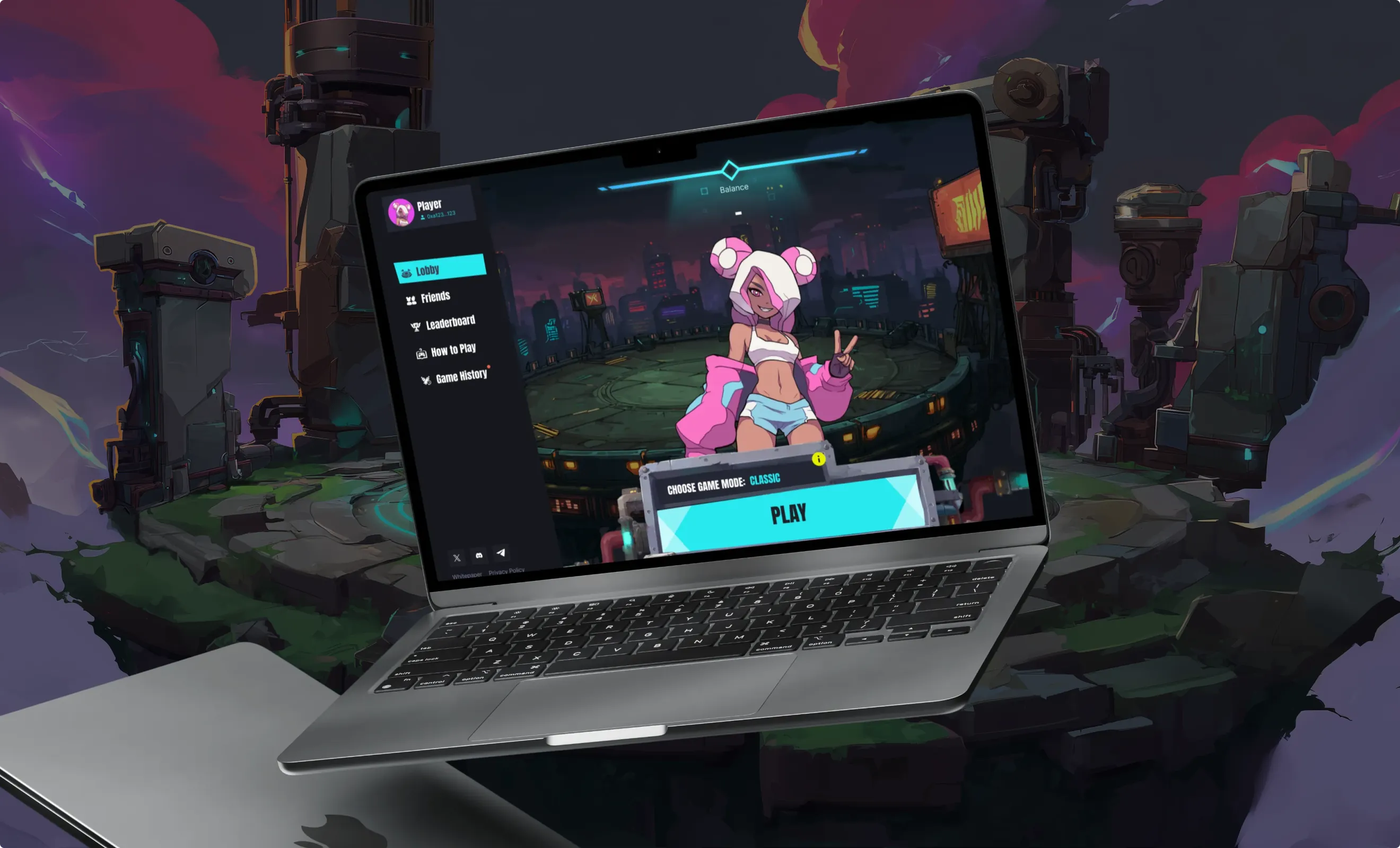 Predictrum game with character select on a laptop on a floating island