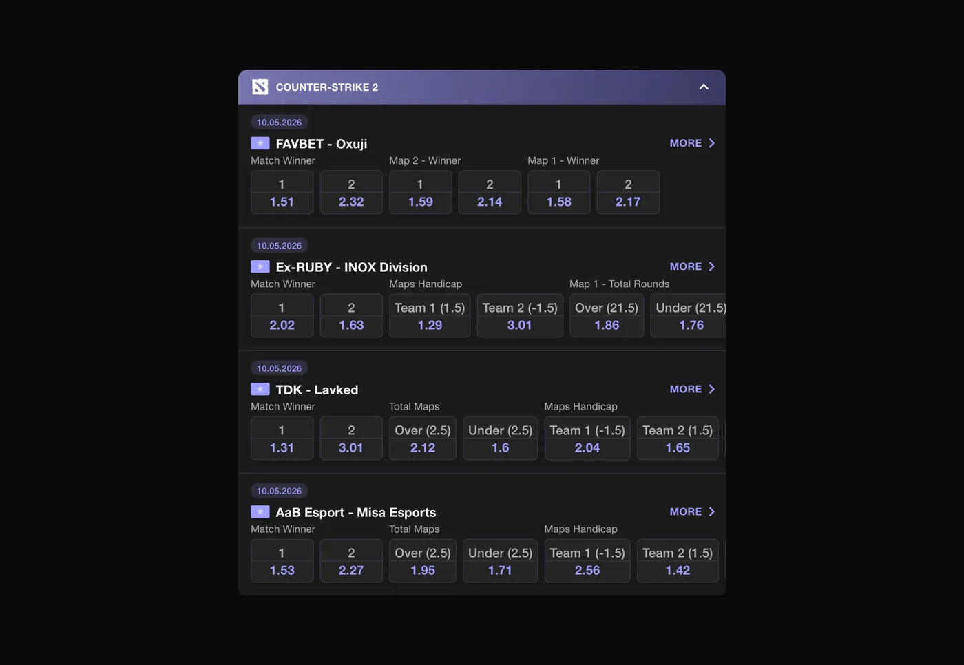 Yez.bet Counter-Strike 2 match list with odds
