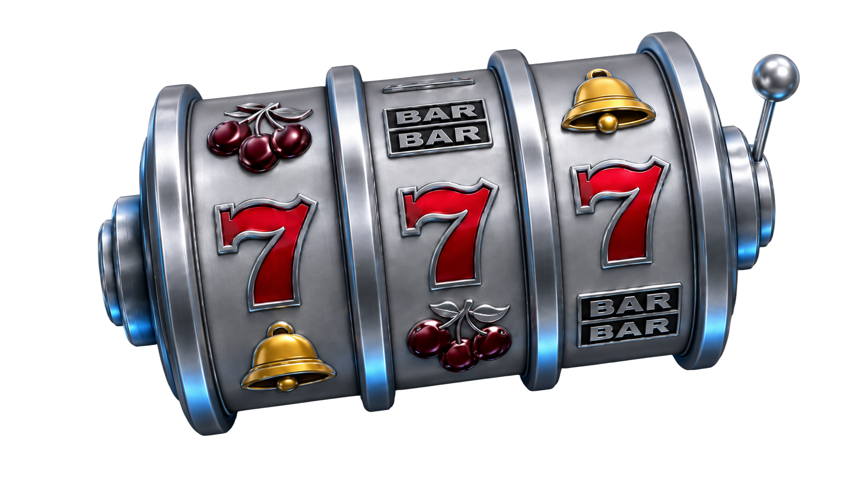 Chrome slot machine reels showing three red sevens