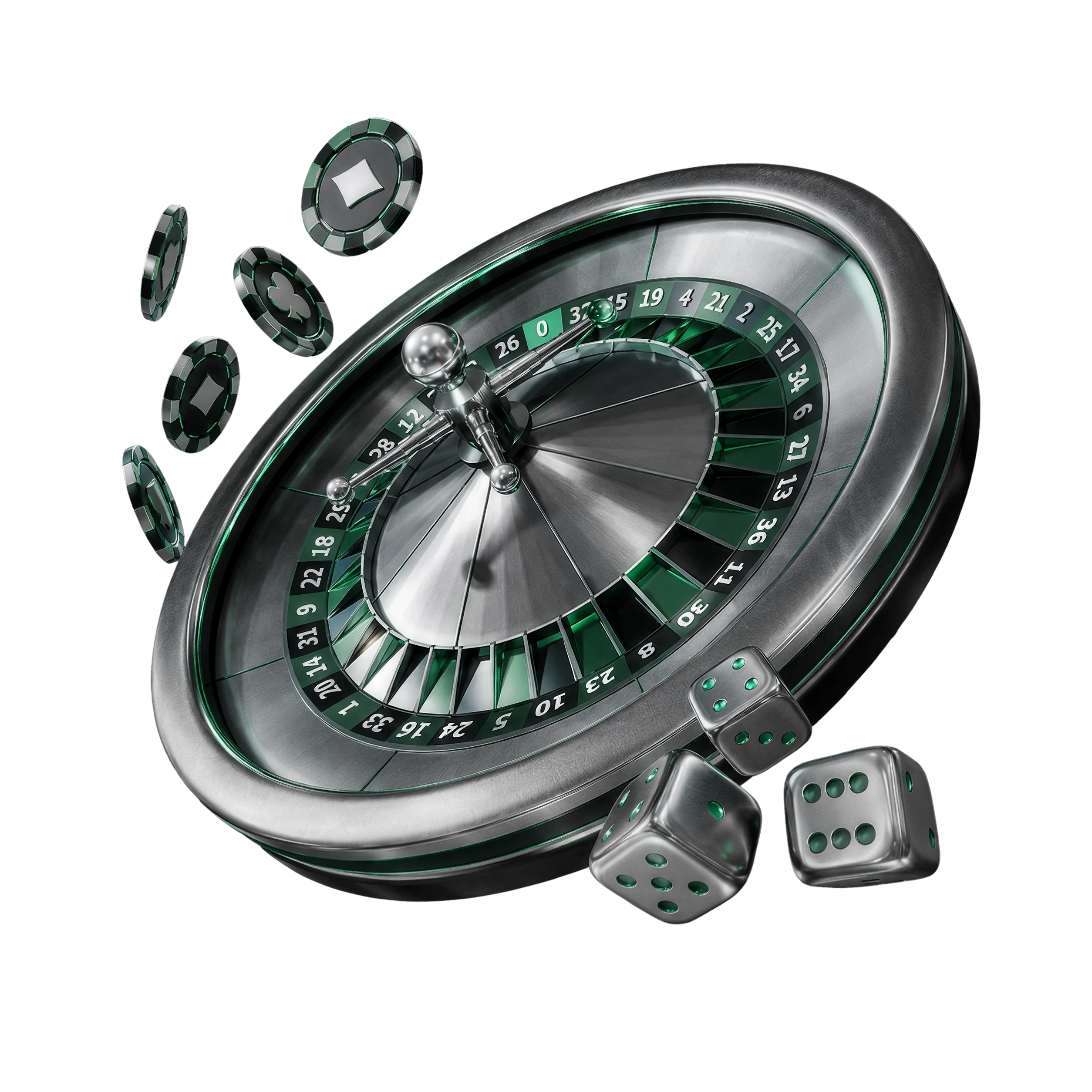 Chrome roulette wheel with green accents, casino chips and dice