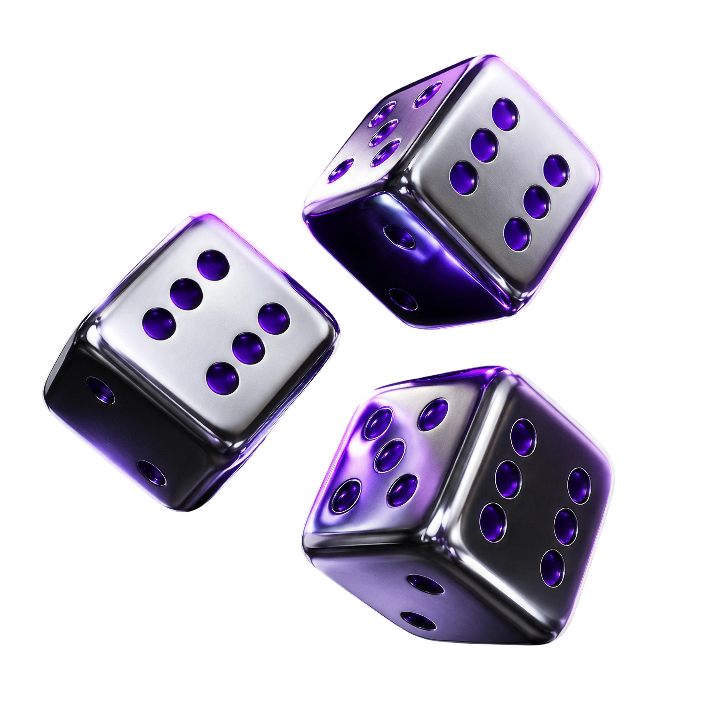 Three chrome dice with purple pips